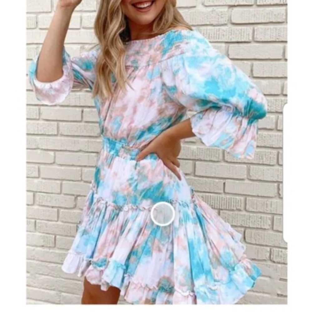 NWT Vestique Sz L Kailey Tie Dye Mini Dress Tiered Beachy‎ Boho Resort Vacation